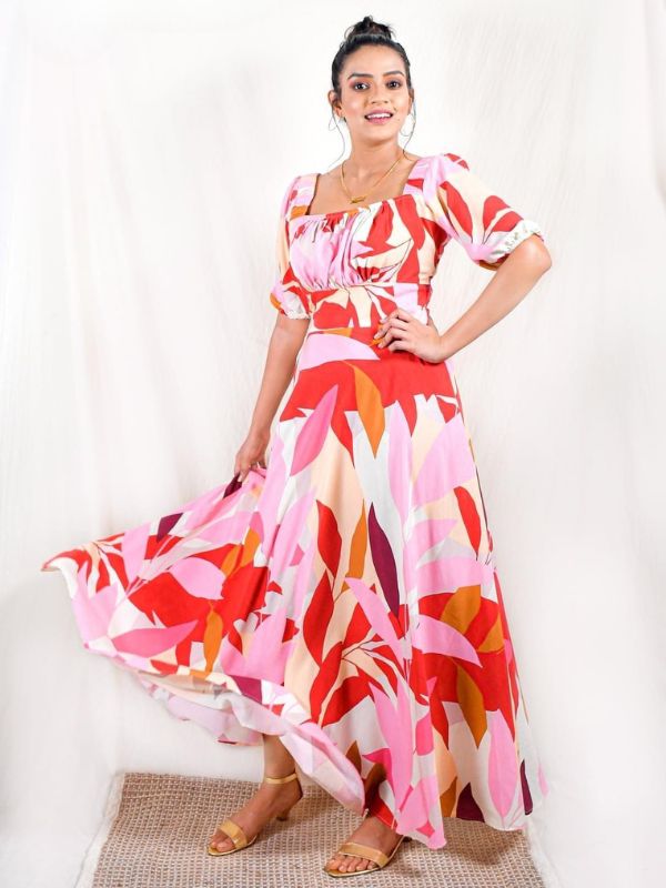 Sunset Florals Square Neck Dress