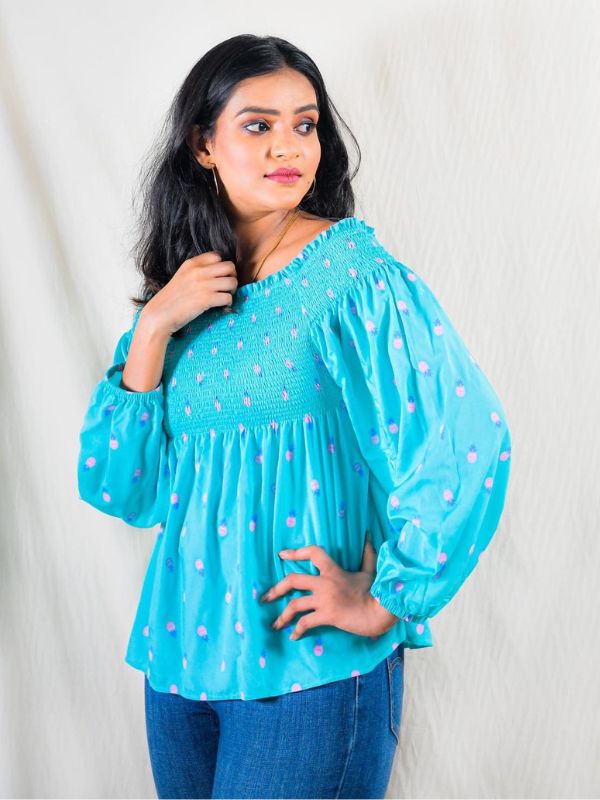 Aqua Dreams Off-Shoulder Smocked Top